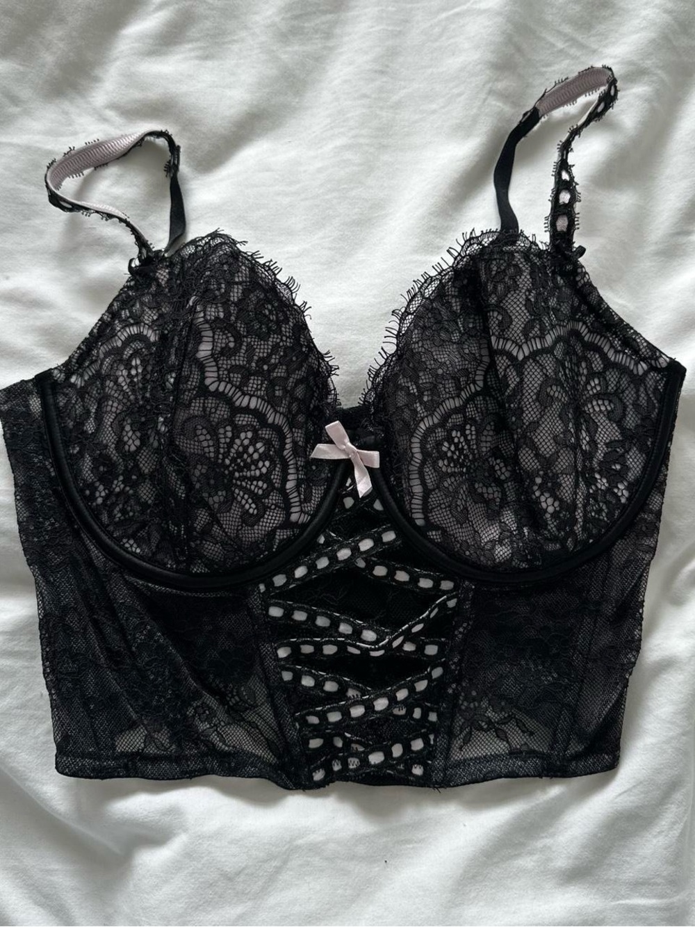 Victoria secret Lacey black bustier corset top with pink ribbons 🎀